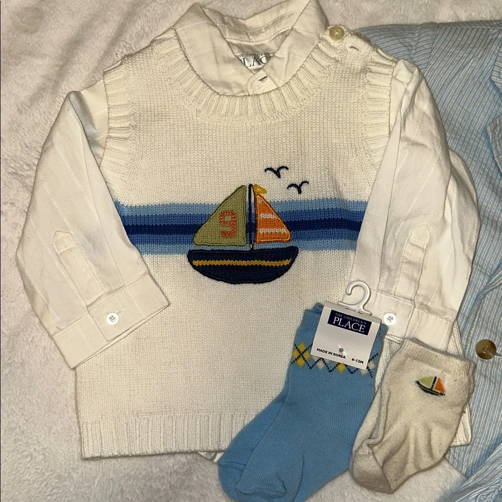 TCP CHILDREN’S PLACE SEERSUCKER BLAZER SUIT VEST BUTTON DOWN SOCKS 6-9 MONTHS - Picture 2 of 4